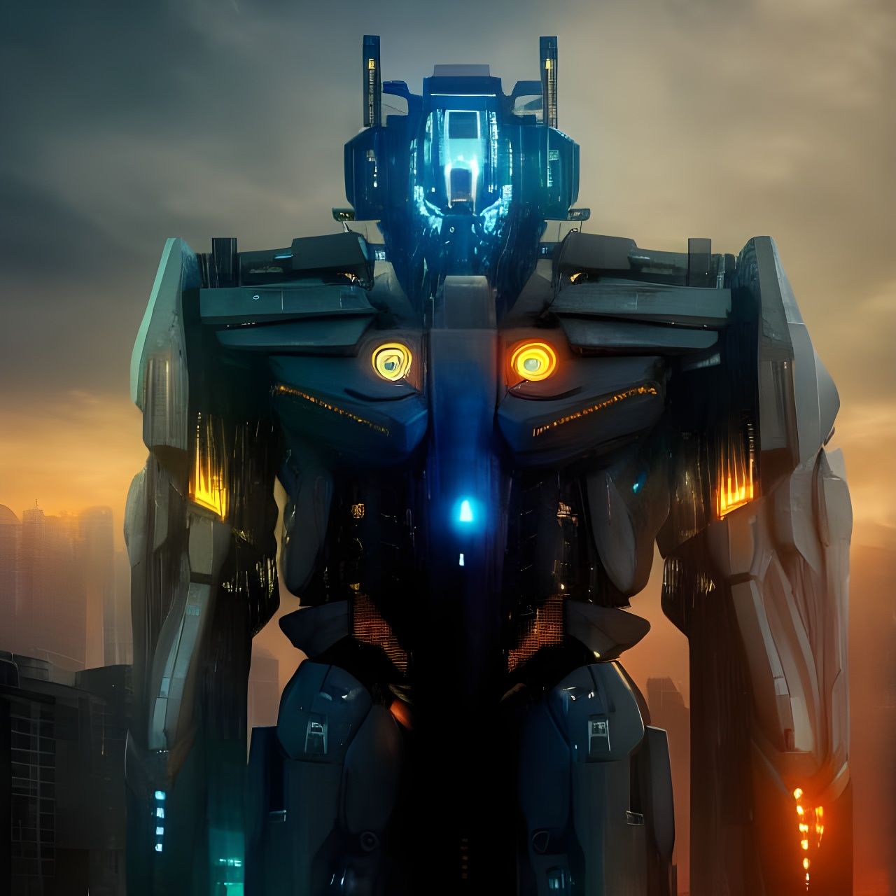 Cyberpunk Robot Jaeger in Futuristic Cityscape