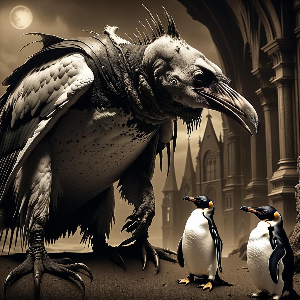 Grotesque Daemon and Penguin in Sepia Photograph