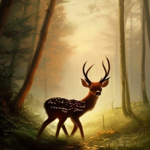 Hyperrealistic Multicolored Baby Deer in Forest
