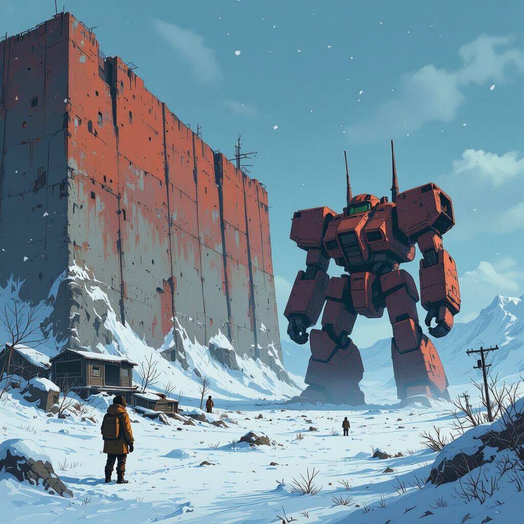 Retro Anime Postapocalyptic Outpost with Giant Wall and Mech...