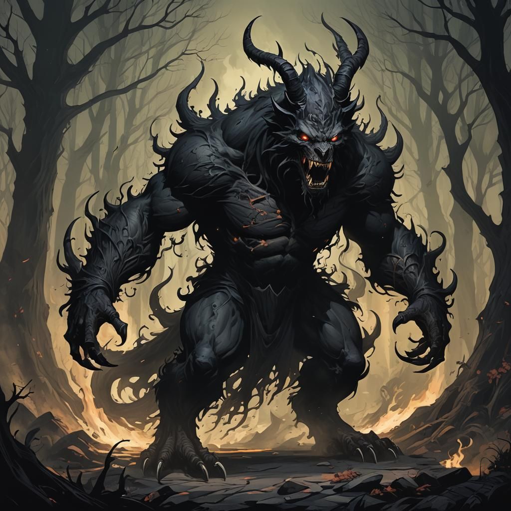 Gothic Shadow Beast in Dark Forest Illustration