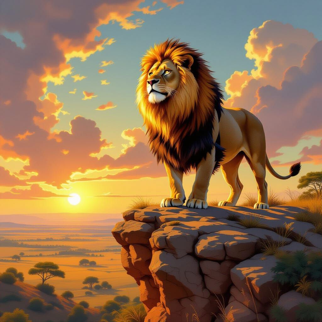 Majestic Lion with Blazing Mane, Hyperrealistic Painting