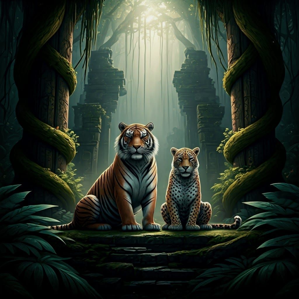 Tiger and Leopard in Detailed Matte Painting