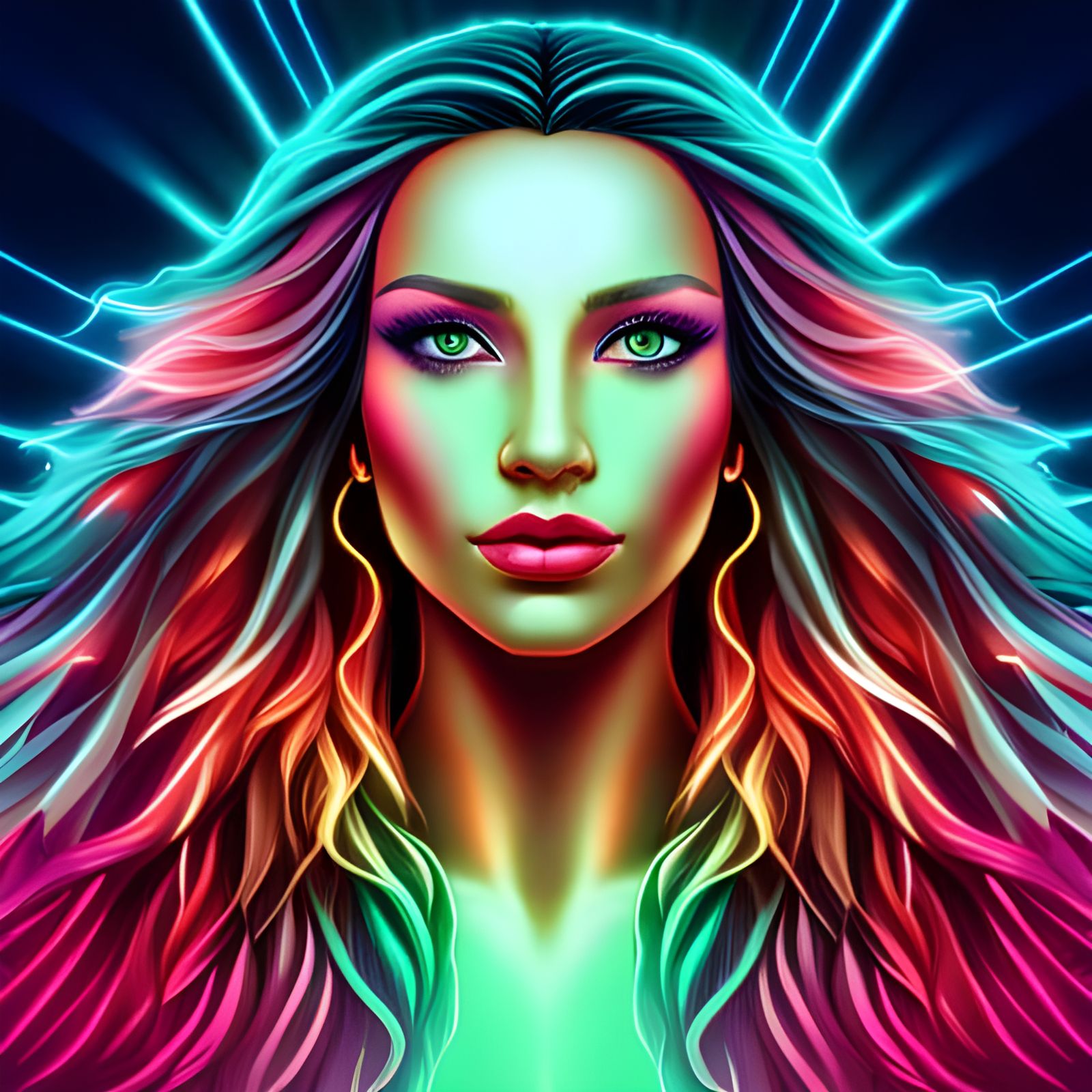 Neon Cyberpunk Goddess with Flowing Hair