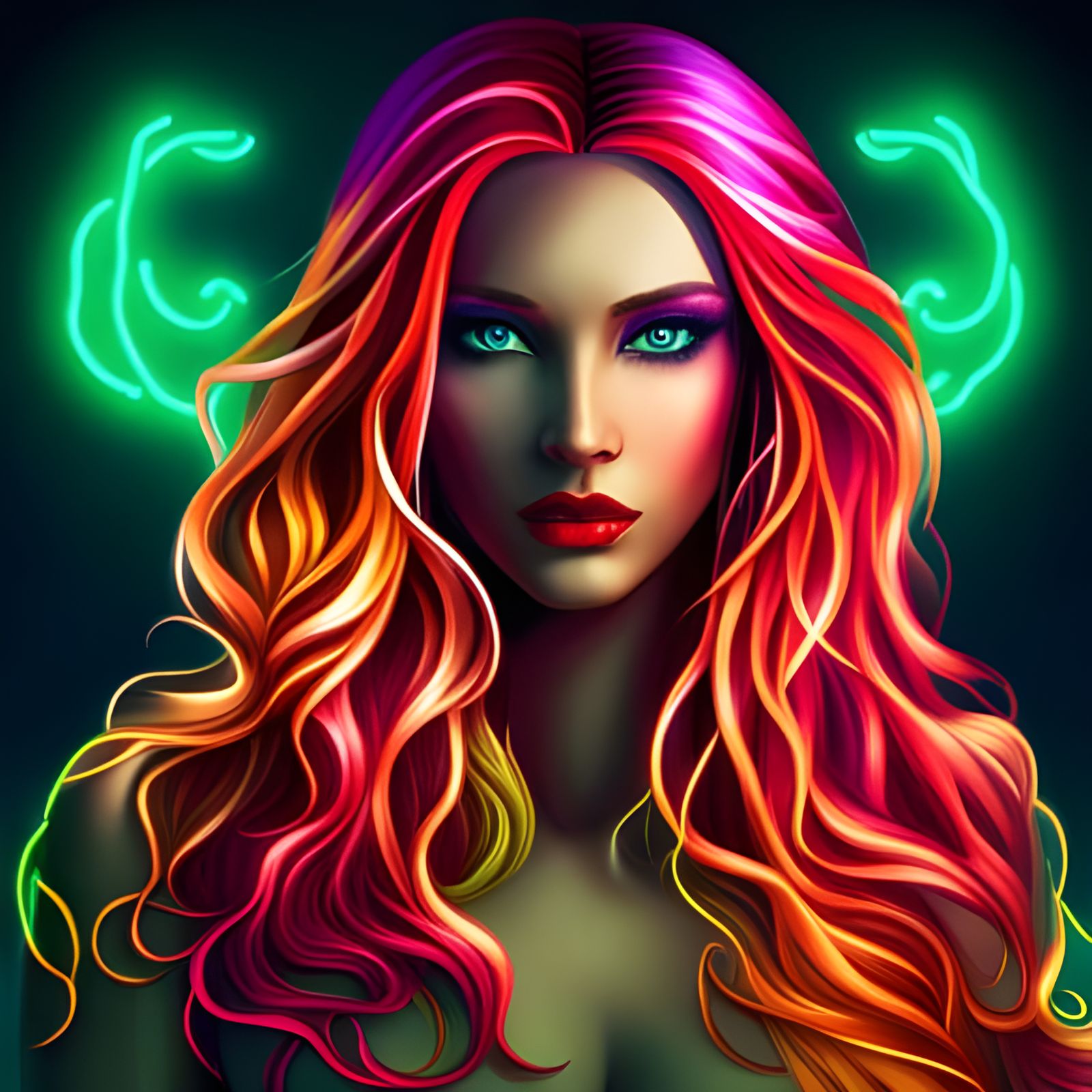 Neon Cyberpunk Goddess with Flowing Hair