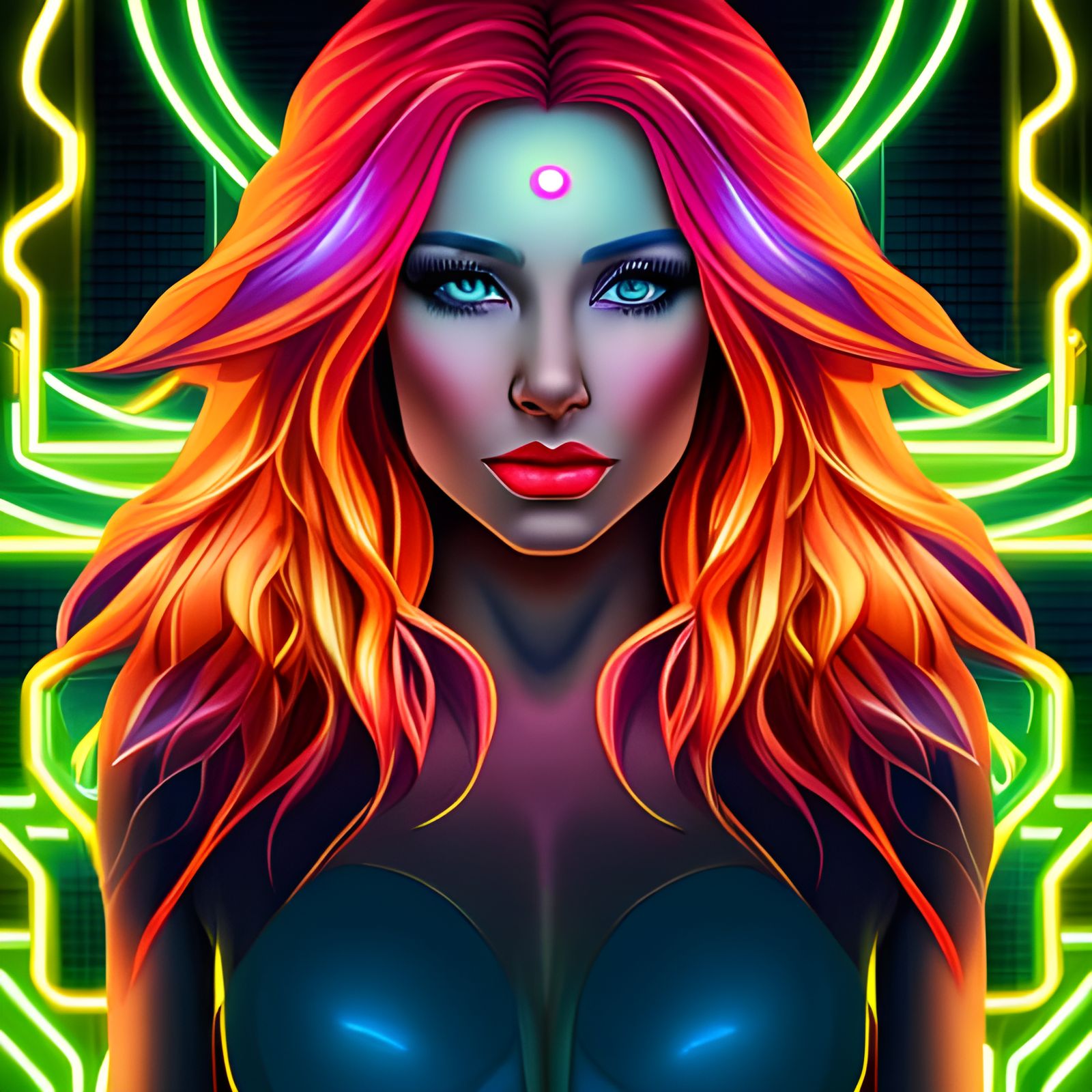 Neon Cyberpunk Goddess with Flowing Hair