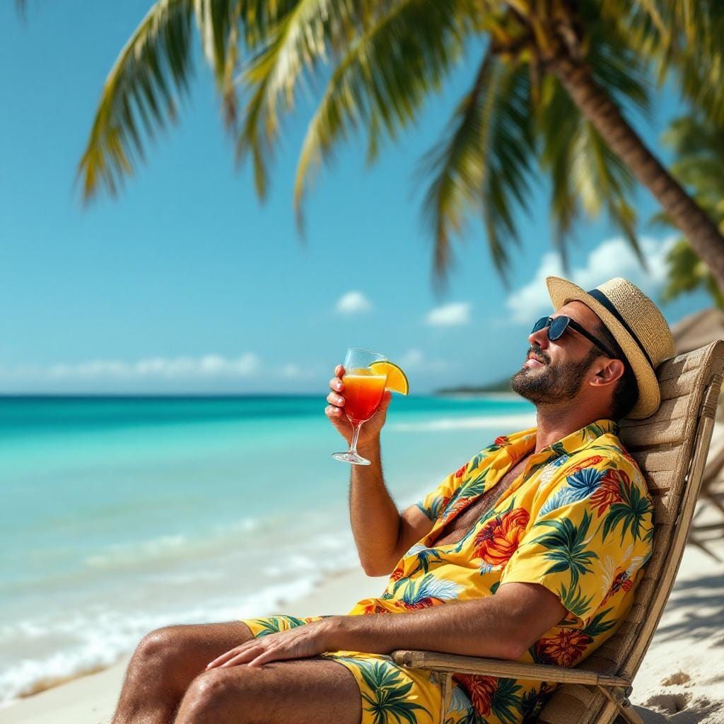 A relaxed man in a short-sleeved shirt and bold patterns lounges on a beach, sipping a cocktail. His carefree attitude a...