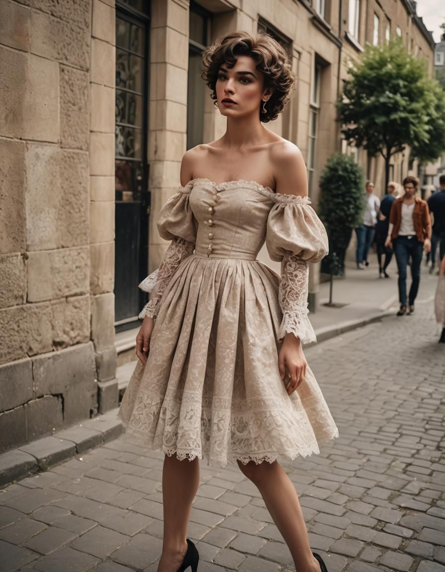 Masculine Gentleman in Vintage Dress, Dancing in a Bustling....