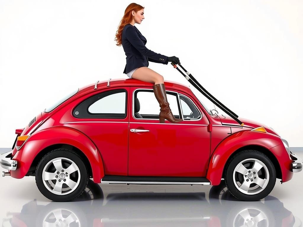 Equestrienne Riding a Volkswagen Beetle in a Vibrant, Dynami...
