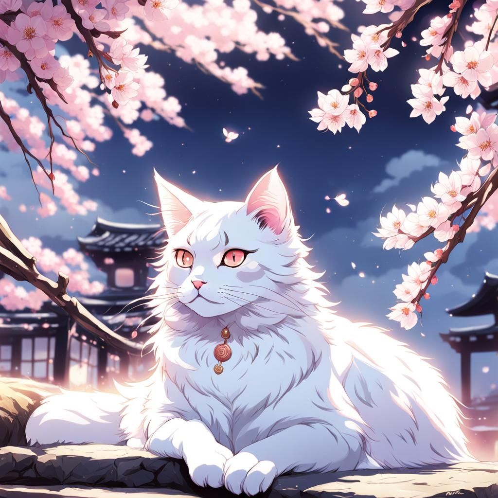 A majestic cat under sakura trees