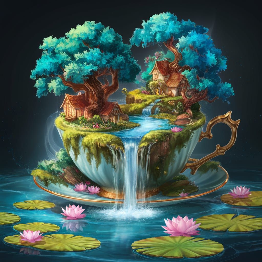 Teacup Miniature Landscape in Vivid Digital Art
