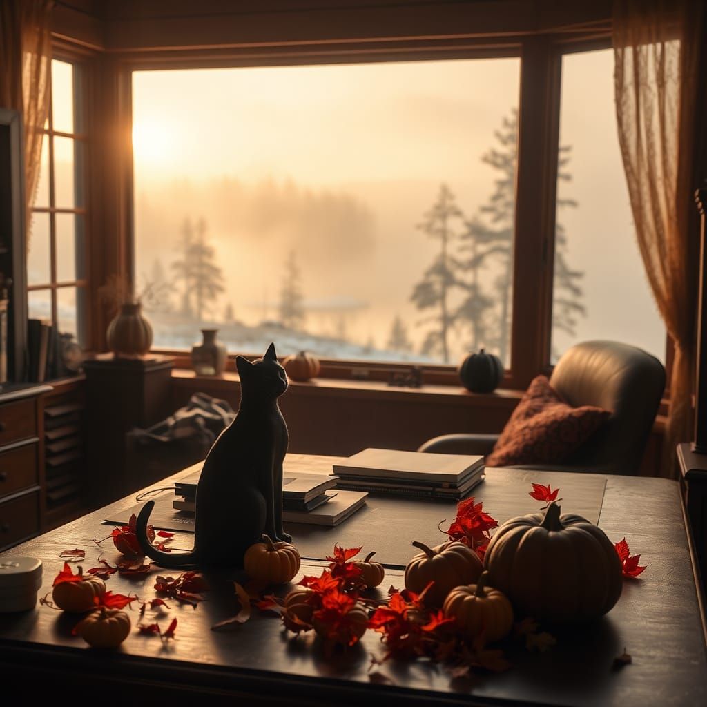 Autumn Home Office with Mystical Lake View