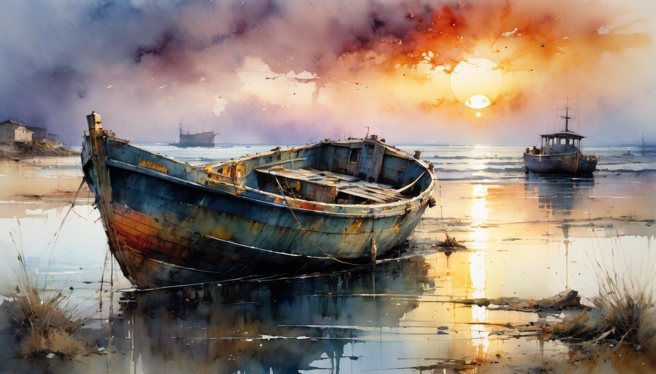 Seaside Boat Watercolor Painting at Sunset