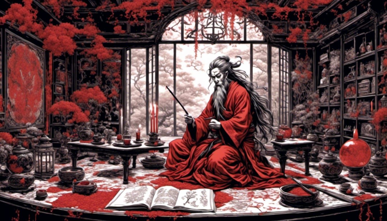 Feudal Lord Practicing Calligraphy in Inky Horror Style