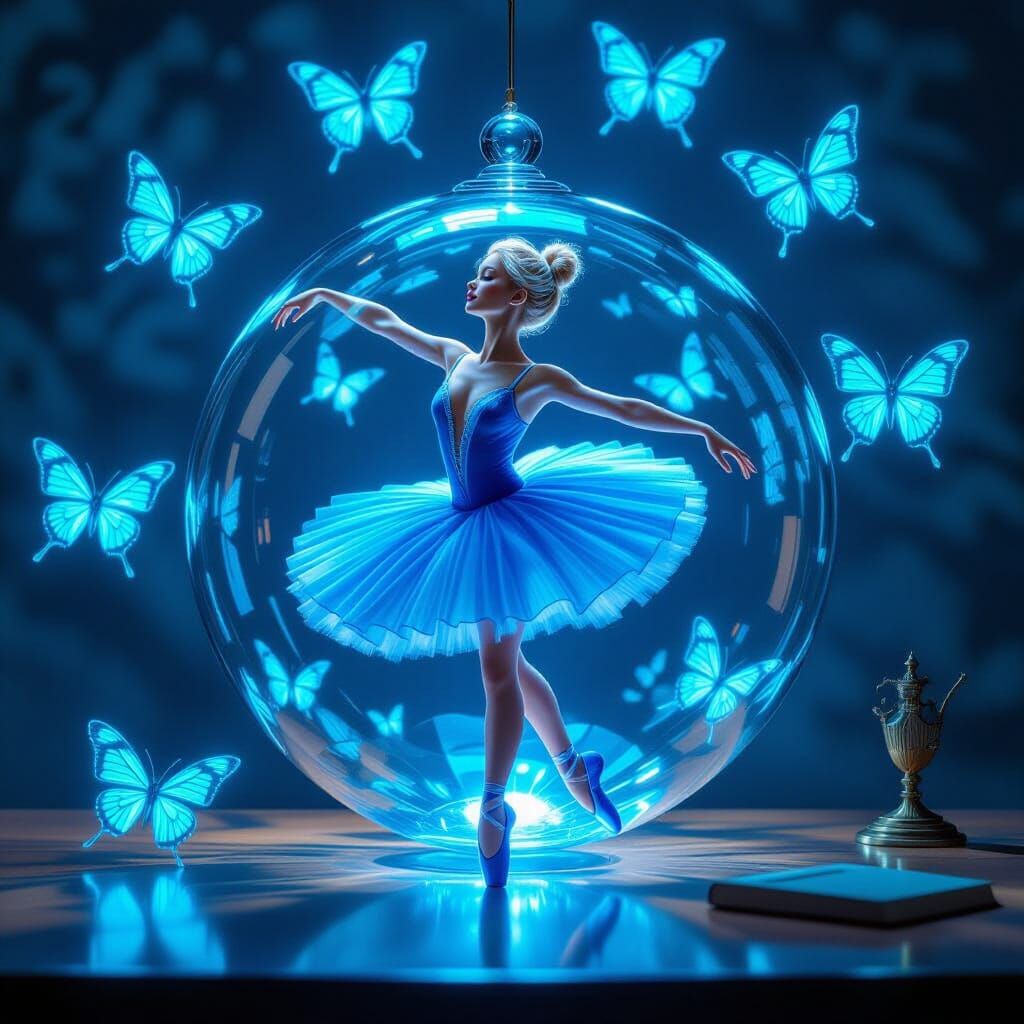 Blue Ballerina in Glass Orb, Photorealistic Style