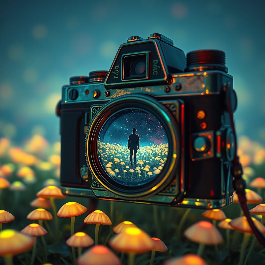 Glowing Mushrooms Captured by Vintage Camera