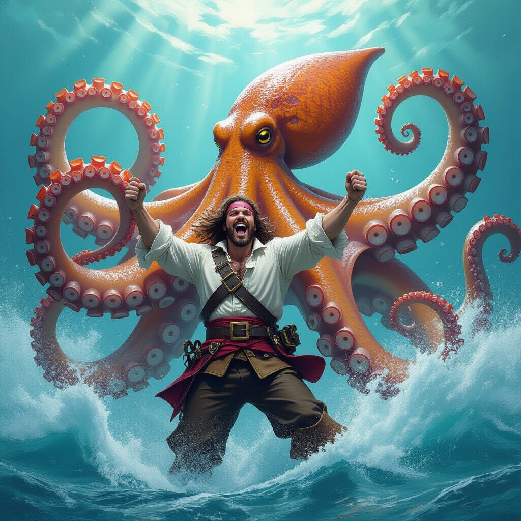Giant Kraken Grips Pirate in Dynamic Ocean Scene