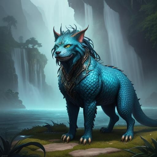 Iridescent Hybrid Creature Behind Waterfall: Fantasy Illustr...