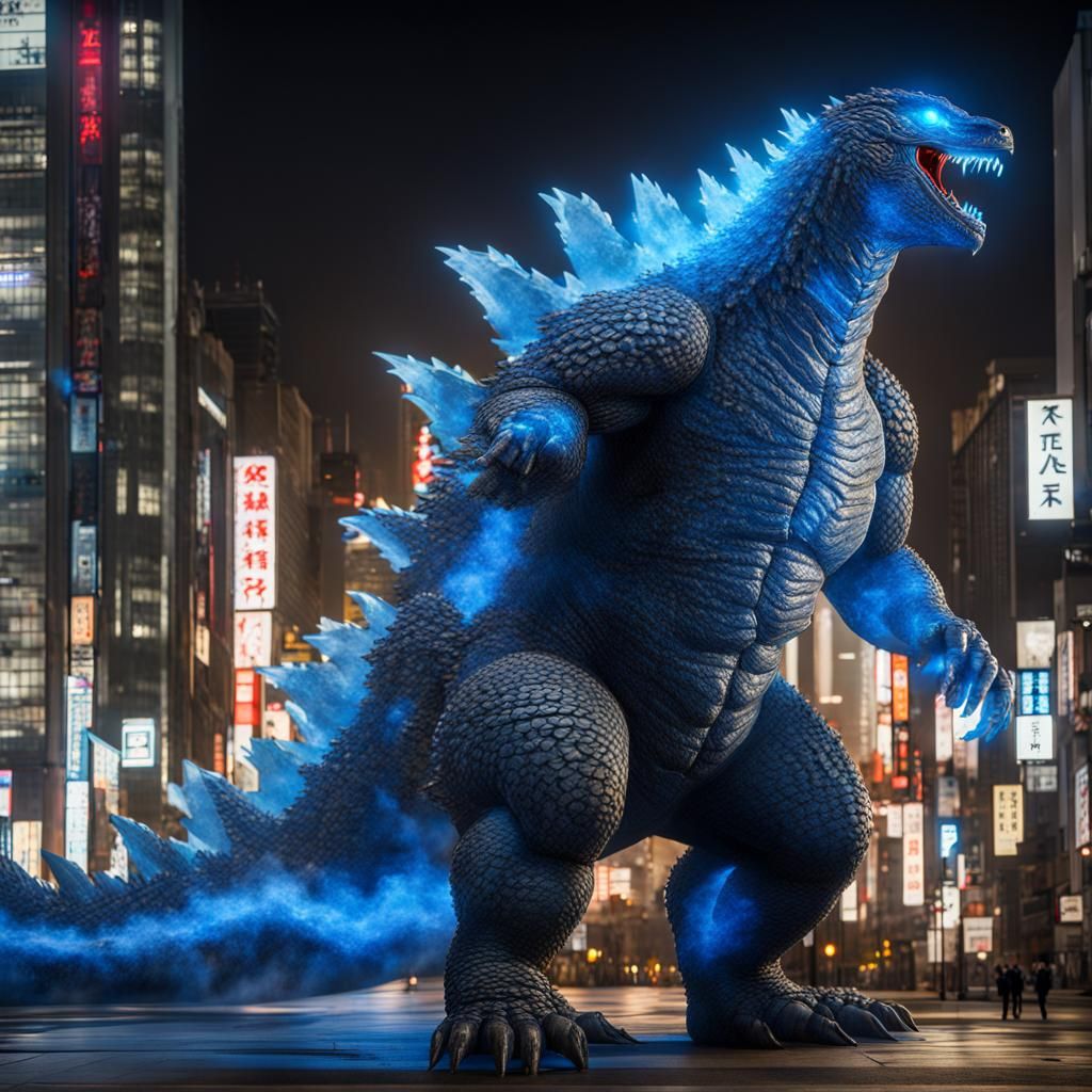 Godzilla with Glowing Dorsal Plates in Japanese City