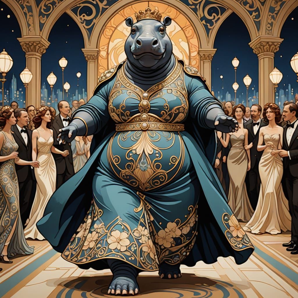 Hippo in Gown on Runway, Art Nouveau Style