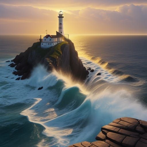 Hyperrealistic Lighthouse on Rocky Coast at Sunset