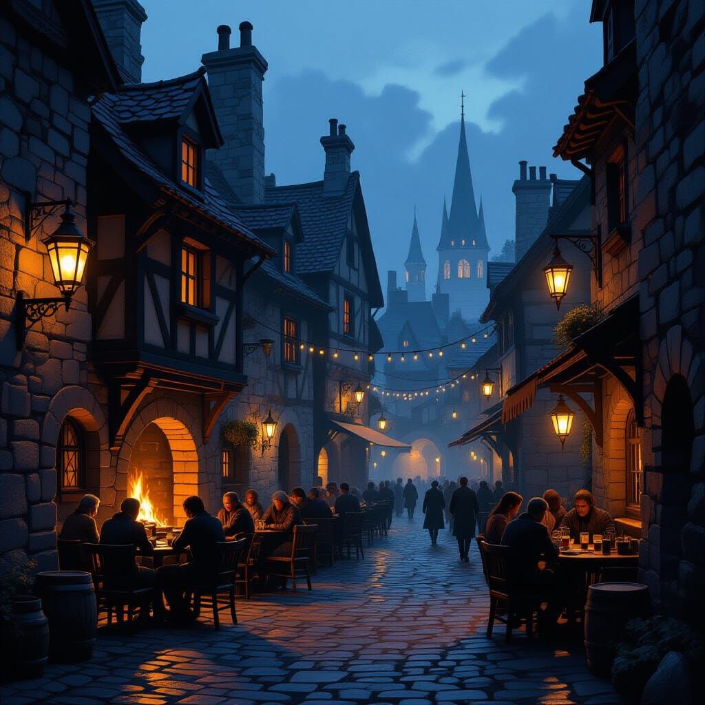 Bustling Tavern Alleyway at Dusk in Mystical Realism Style