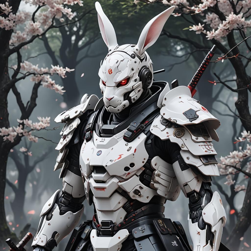 Cyborg Samurai Bunny Warrior in Oni Mask