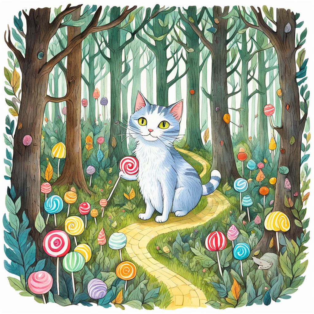 Whimsical Cat Embarks on Forest Adventure in Vibrant Gouache...