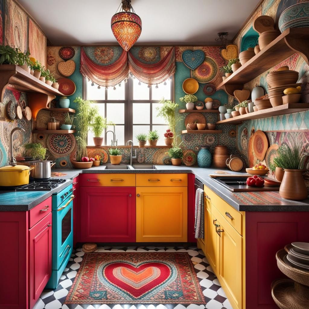 A Bohemian-inspired kitchen adorned with colorful decorations ,an elegant and artistic vibe.