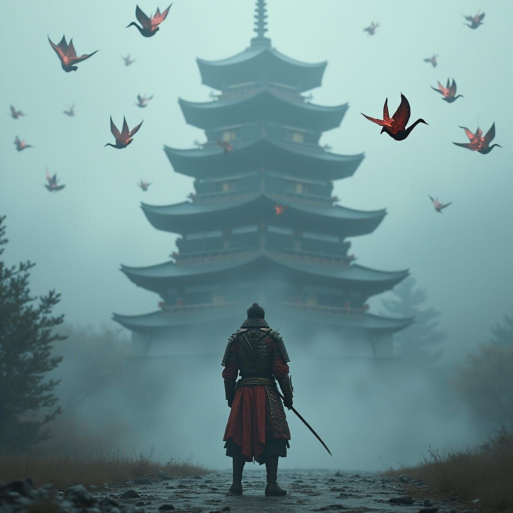 Steampunk Samurai Before Mist Temple with Glowing Cranes