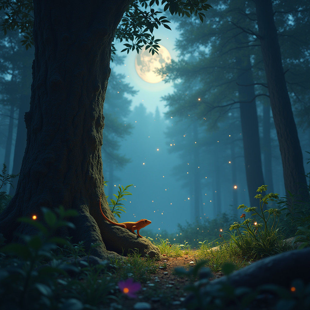 Enchanted Forest Clearing with Lizard, Fantasy Art