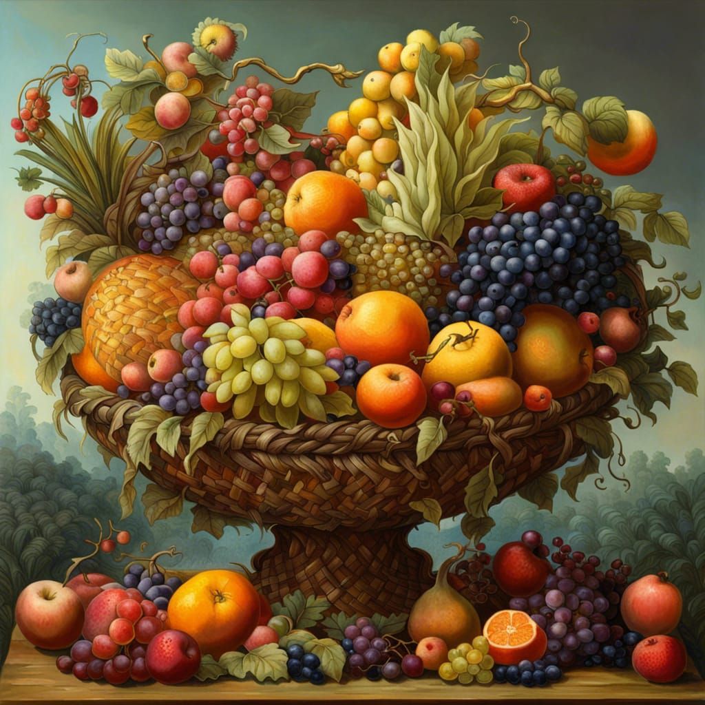 Woven Fruit Basket in Rococo Still-Life Style