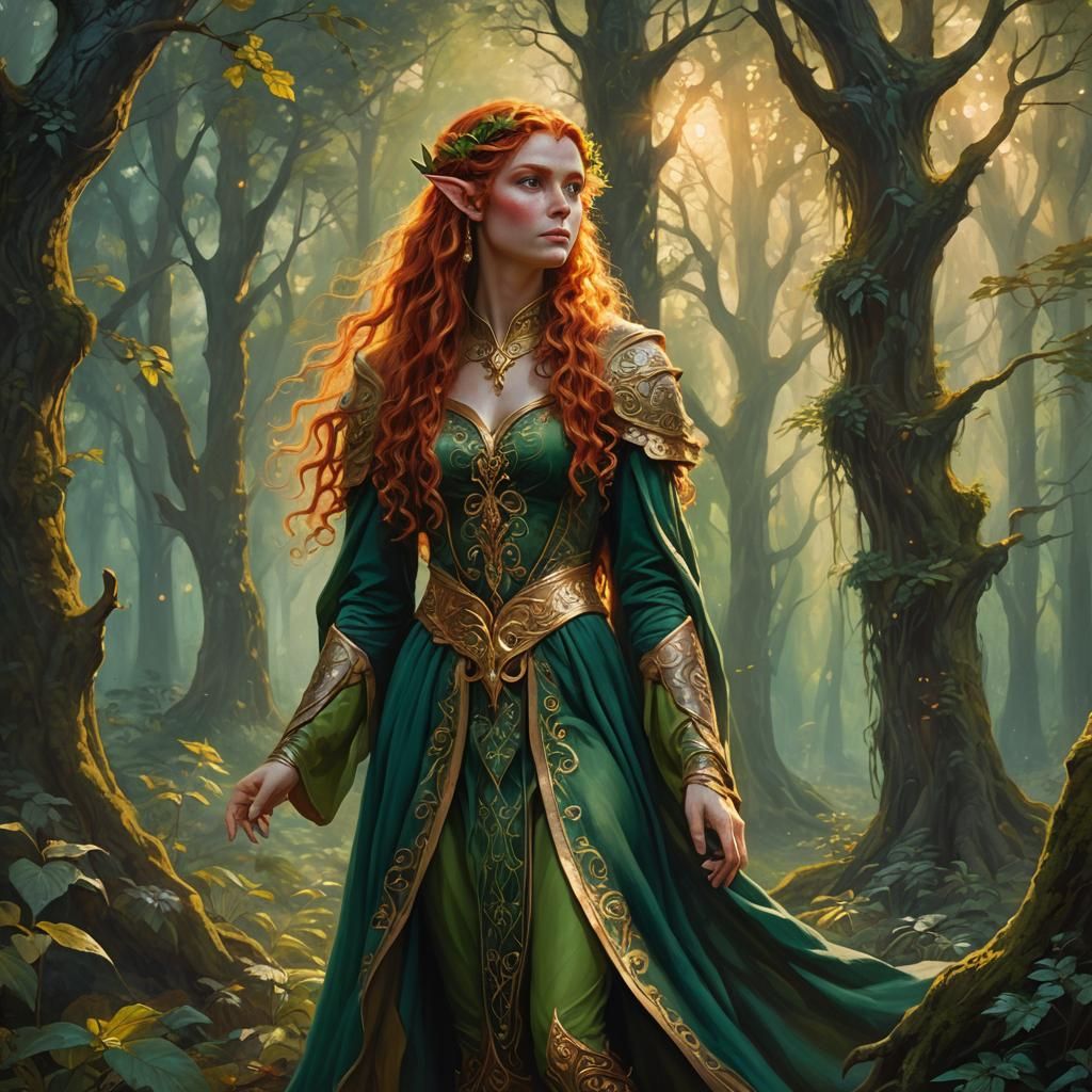 Voluptuous Elf in Mystical Forest Oil Painting