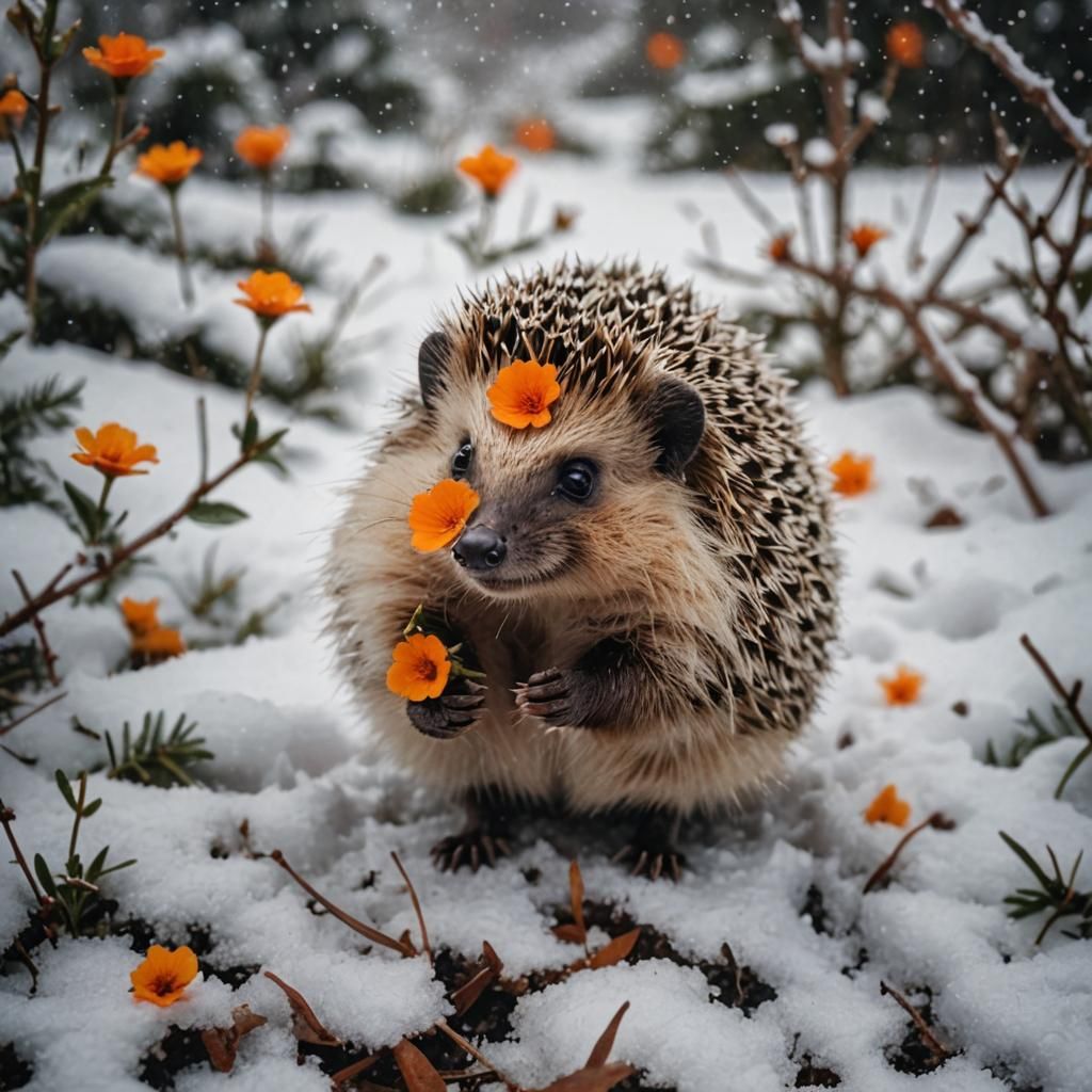 Happy Hedgehog with Flower in Snowy Landscape