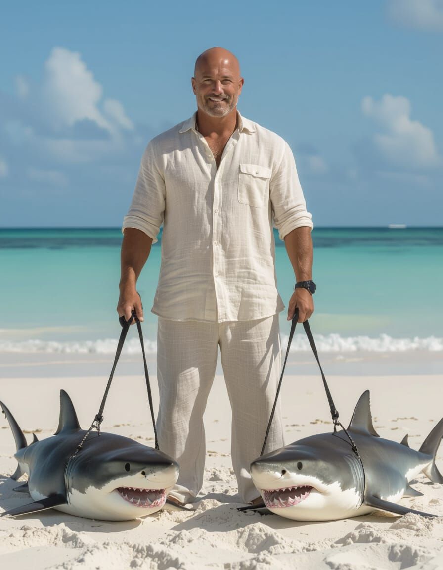 Man Walks Sharks on Beach in Hyperrealistic Digital Painting