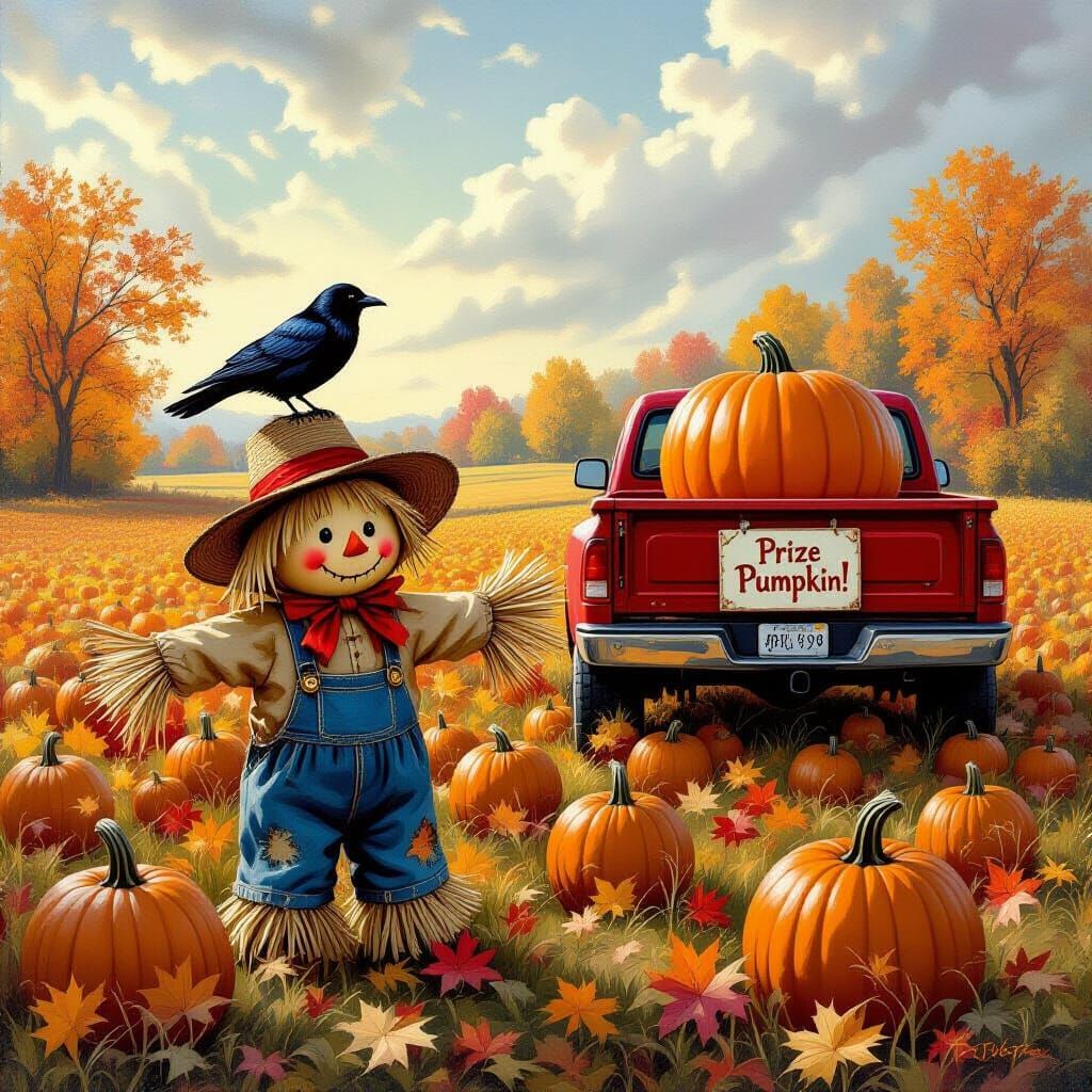 Cute Autumn Scarecrow in Pumpkin Patch Impasto Painting