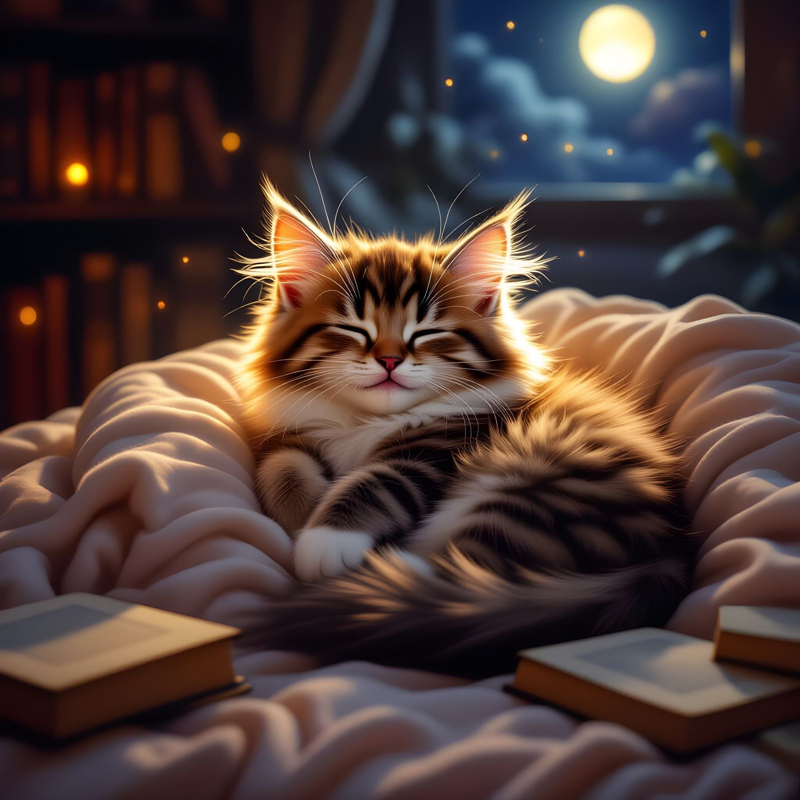 Content Kitten in Moonlit Room as Digital Painting