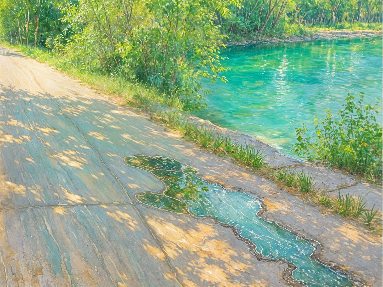 Impressionist Pond with Melting Asphalt and Golden Light