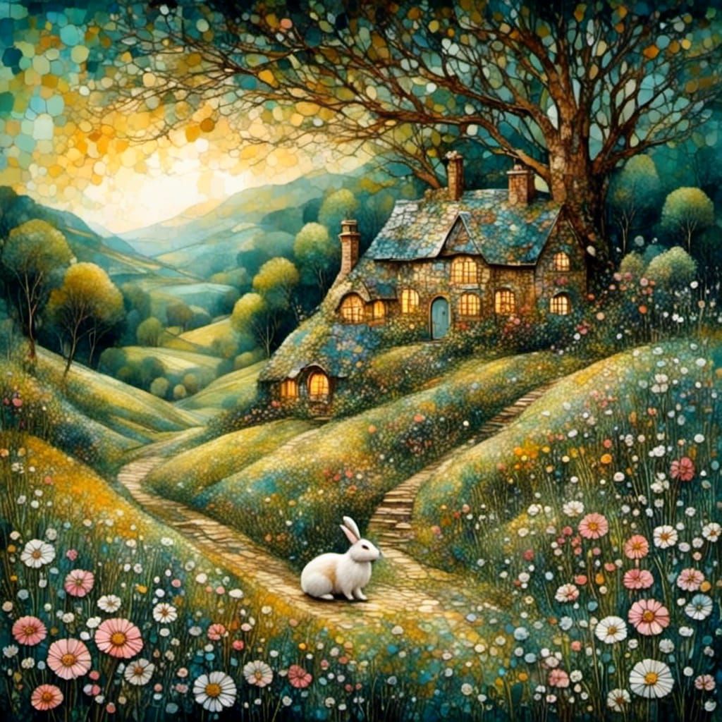 Beatrix Potter Style Landscape with Rabbits