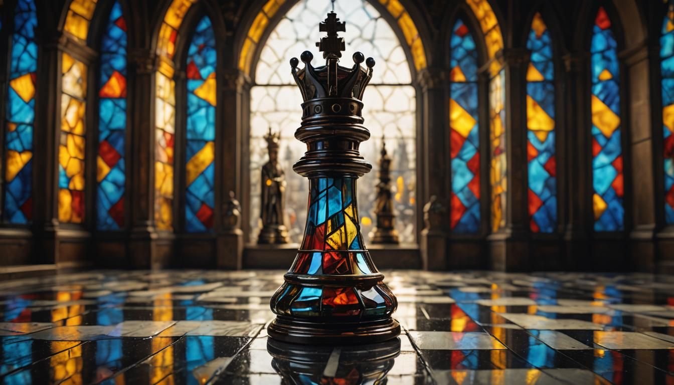Anthropomorphic Stained Glass Chess Pieces in Sunlight