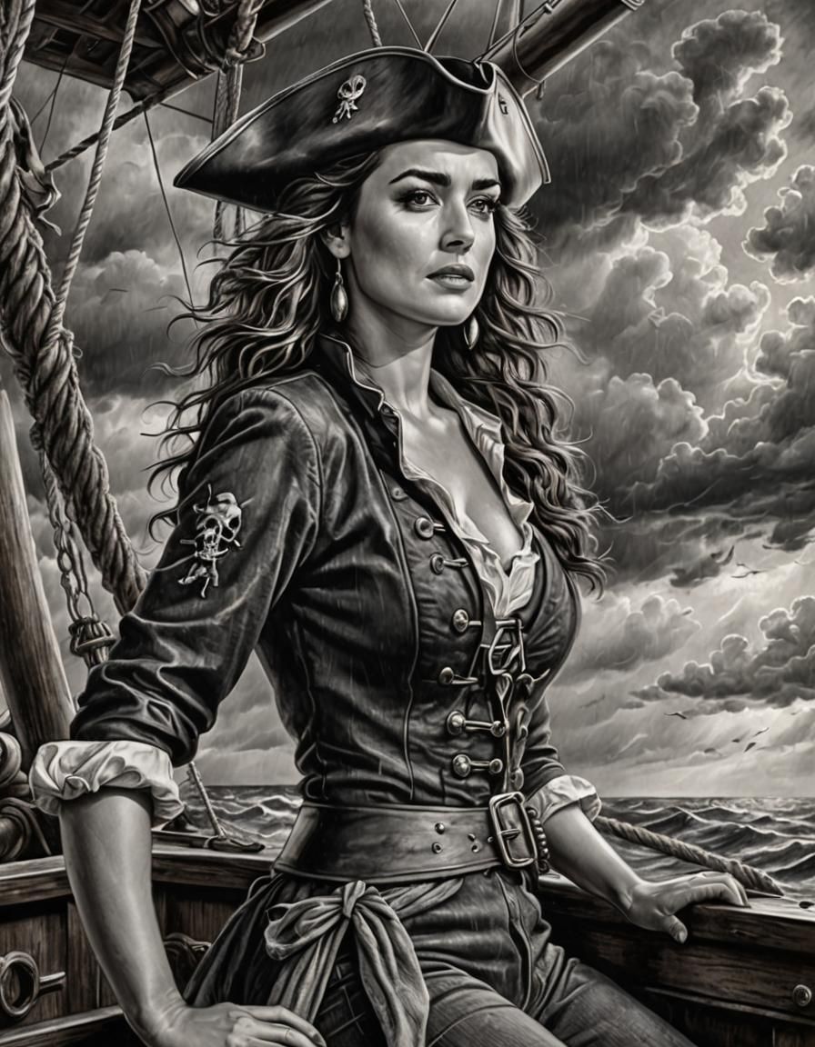 Pirate Pinup on Stormy Seas in Charcoal Style