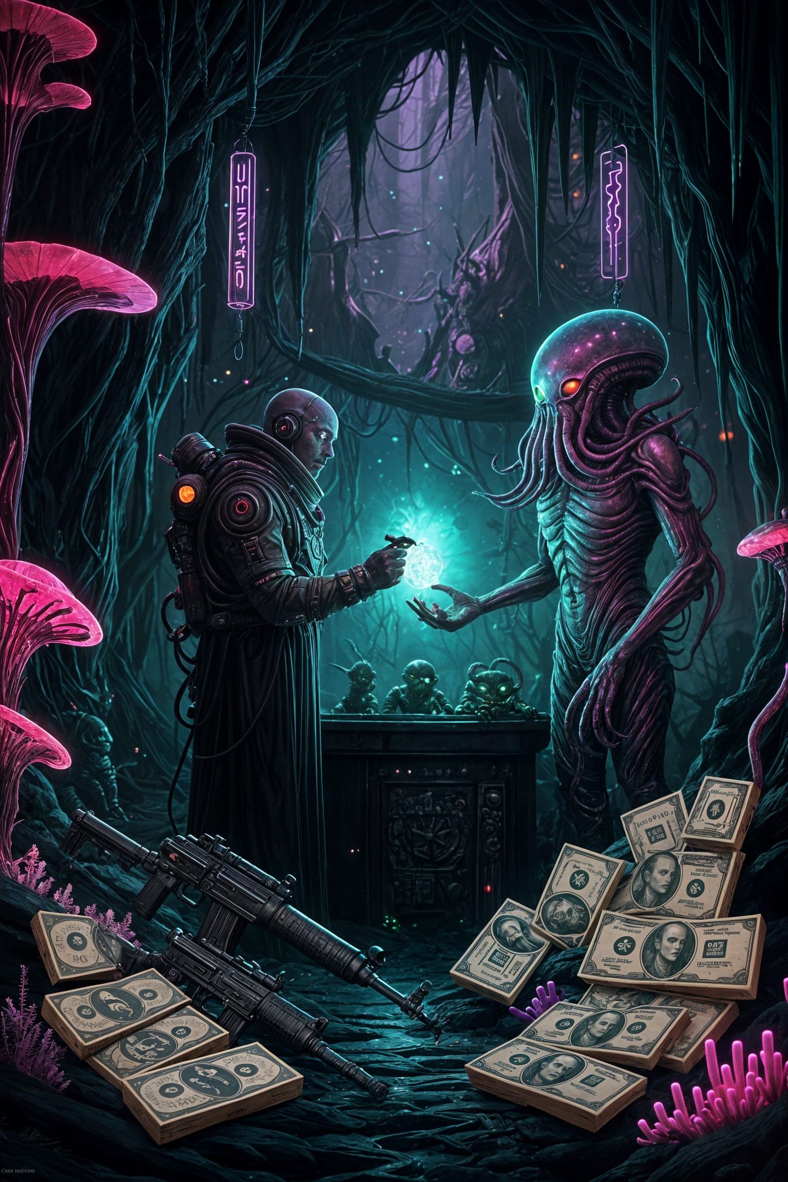 Forbidden Alien Market on Toxic Planet in Cyberpunk Style