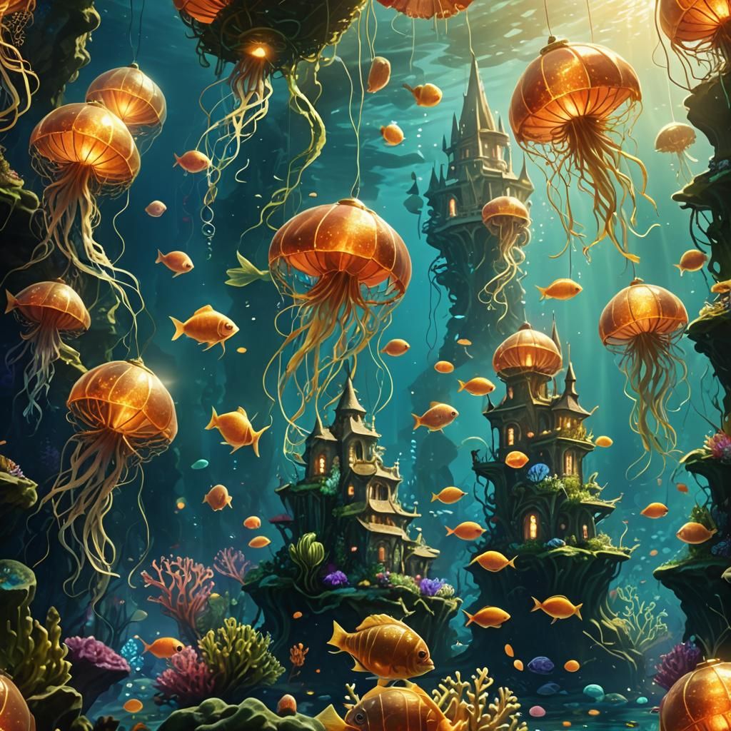 Underwater Kingdom with Coral Castles and Fish