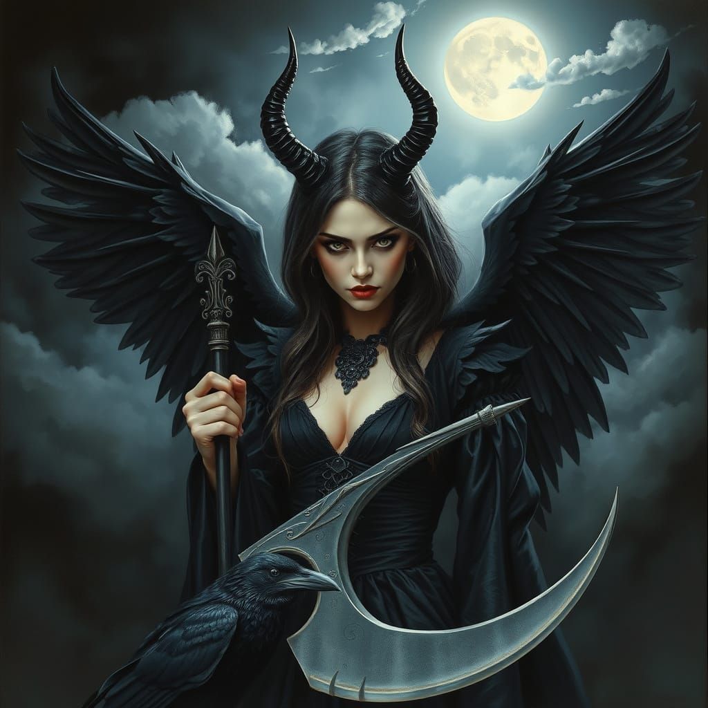 Gothic Fantasy Woman with Black Wings Under Moonlight