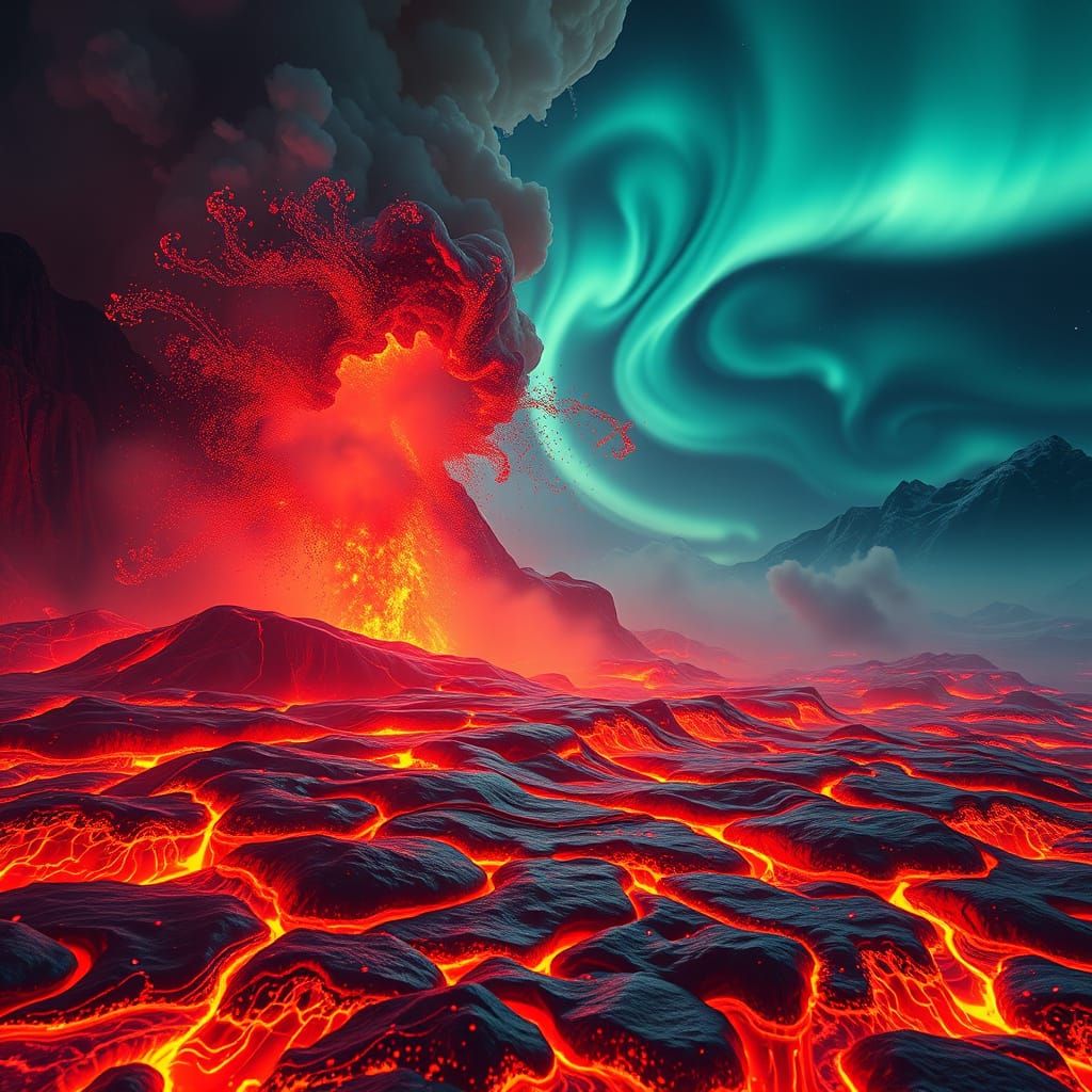 Ethereal Northern Lights Converge with Fiery Volcanic Erupti...