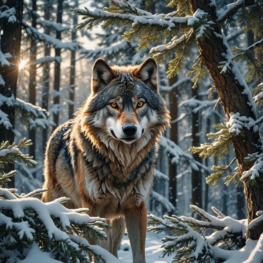 Wolf in Winter Forest: Whimsical Matte Painting