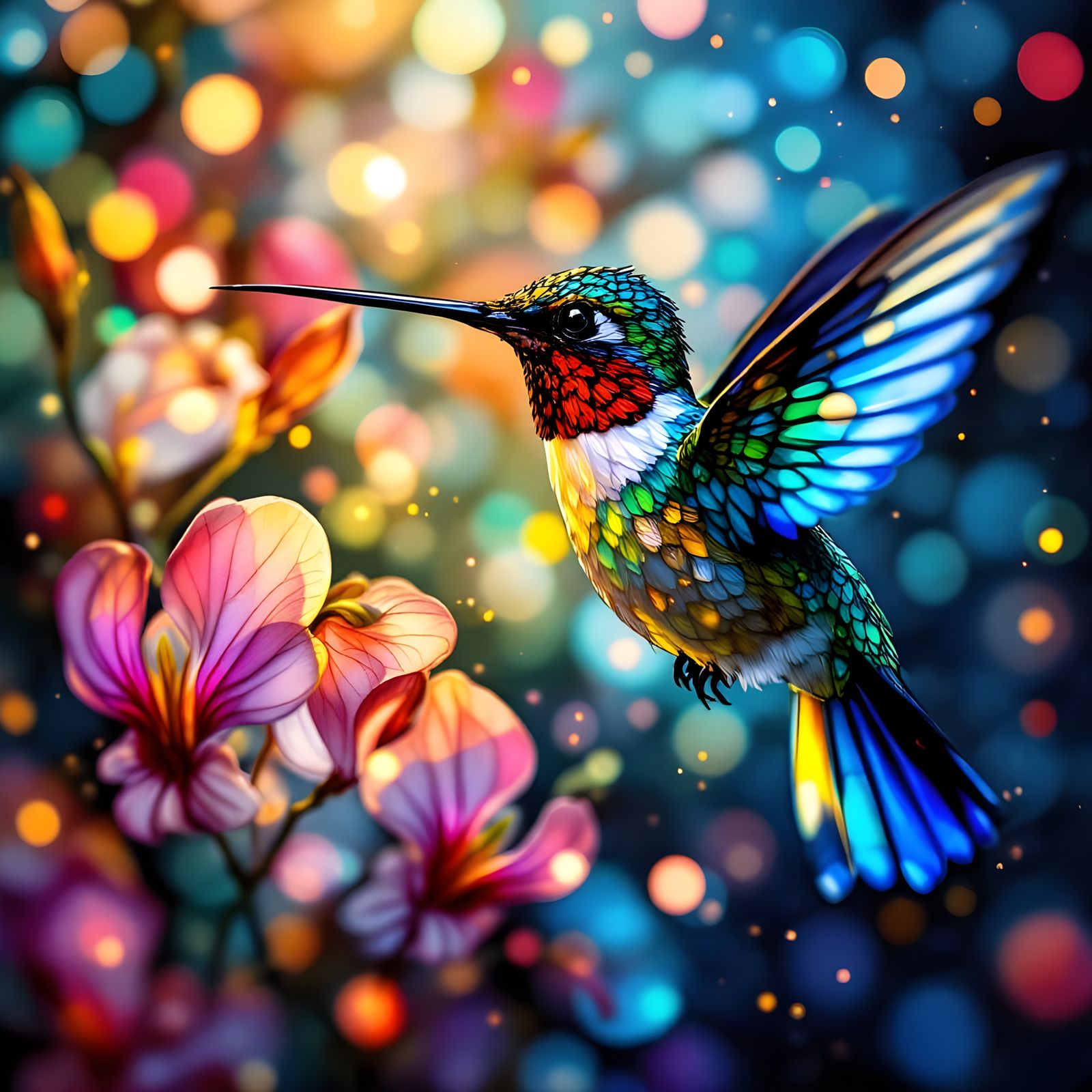 Hummingbird and Bleeding Hearts in Stained Glass