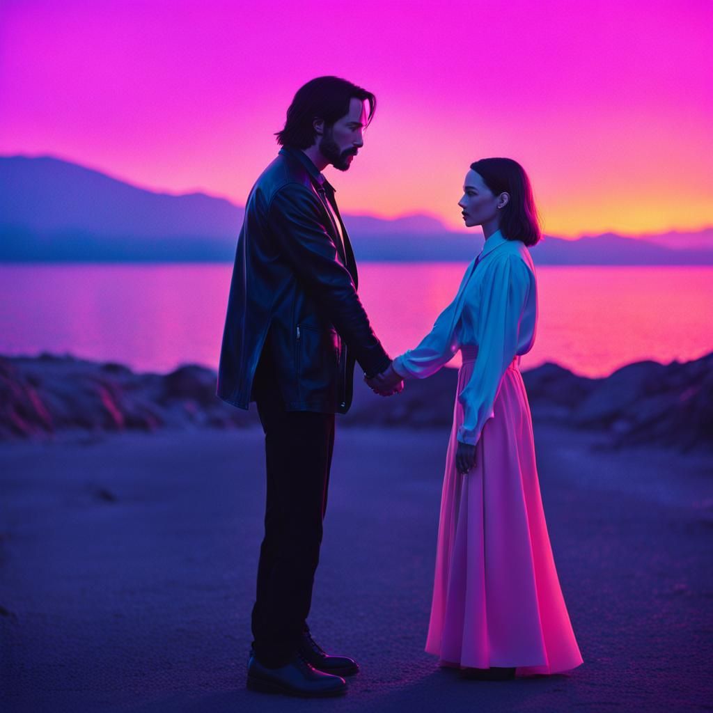 Retro Synthwave Sunset: Neon-Noir Couple in 80s Style