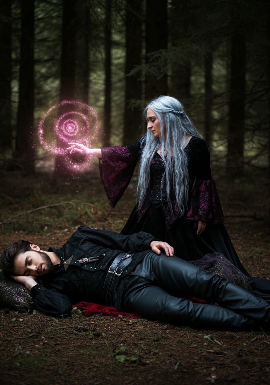 A beautiful witch casting a spell on a prince asleep on the ...