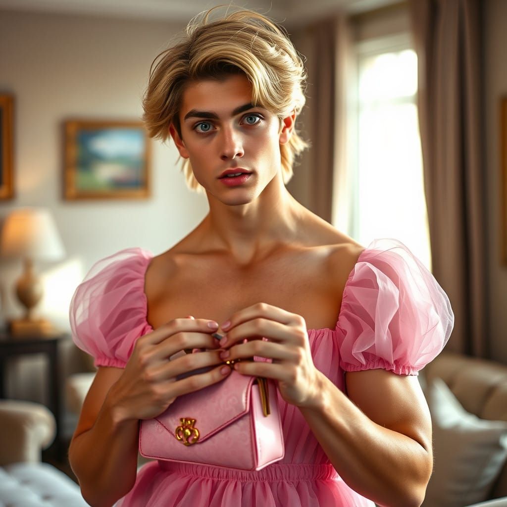 Masculine Model in Elegant Prom Dress, Surprised by Pink Pur...
